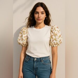 Zara Cream Top with Floral Puff  Sleeves, simple everyday top